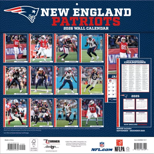 New England Patriots Fali naptár 2026 (30 x 60 cm)
